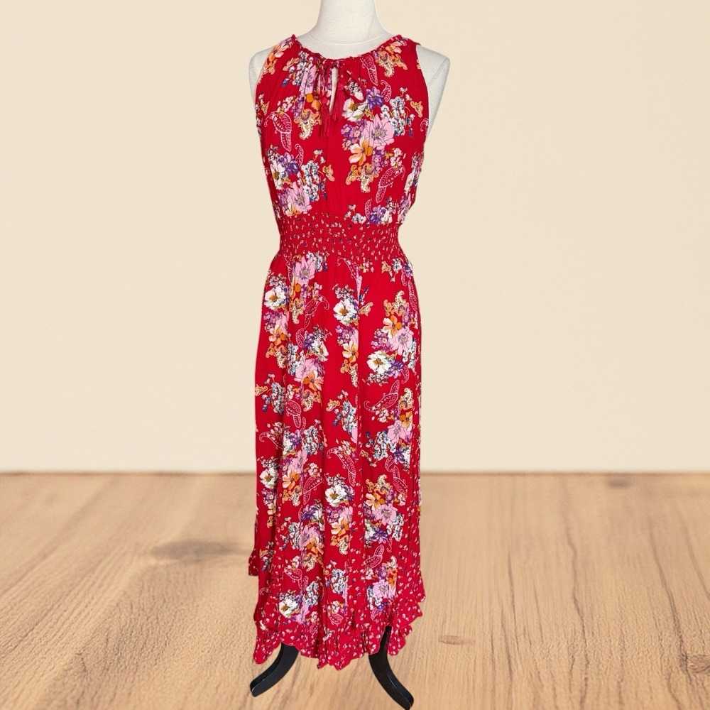 Bila Floral‎ Maxi Dress Sz XL Smocked Waist Tassel Neck Hankerchief Hem w Ruffle